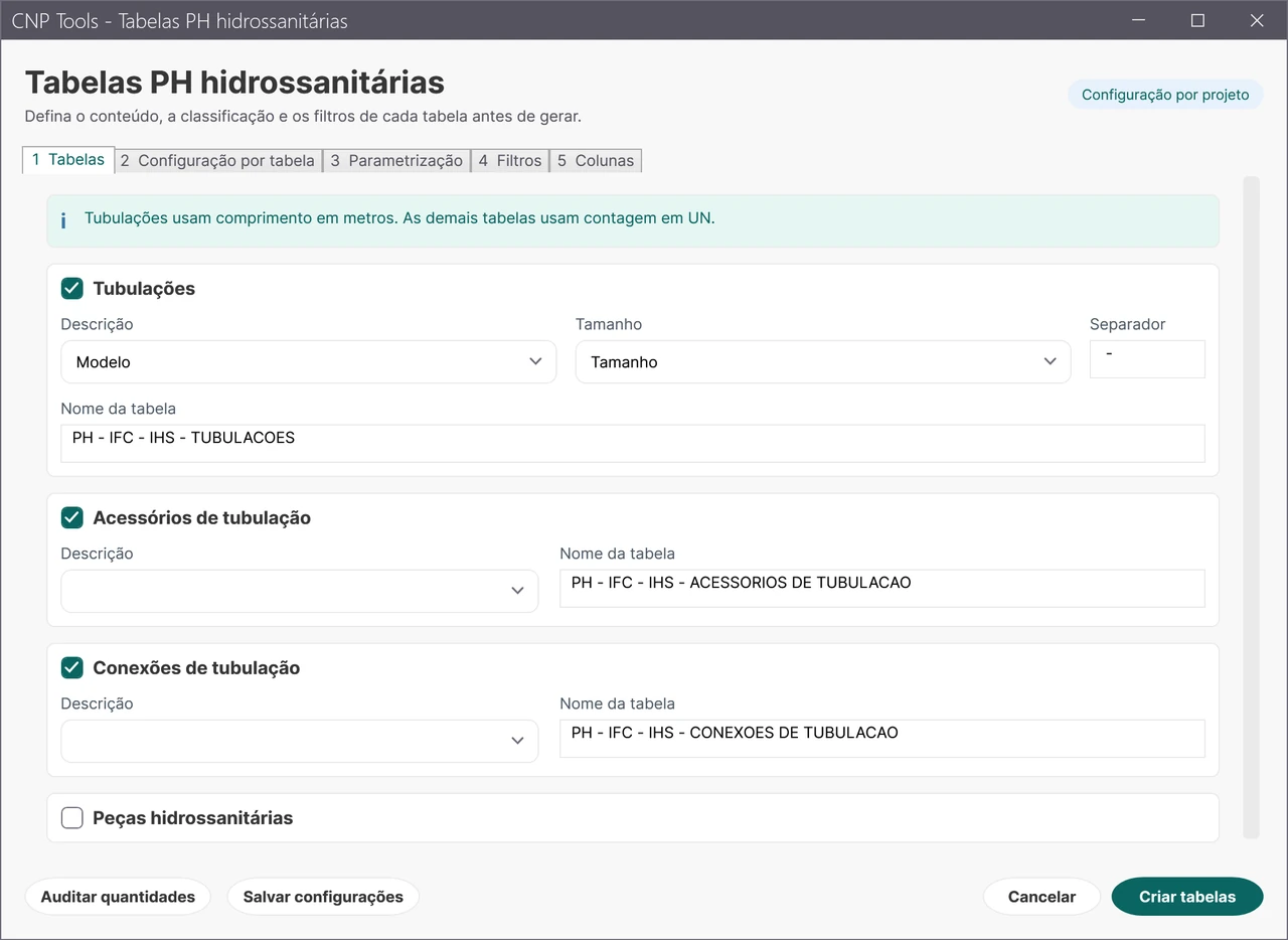 Configuração de tabelas hidrossanitárias com tubulações, acessórios, conexões, filtros, colunas e auditoria de quantidades